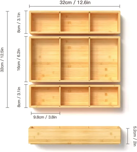 Miniatura 2 de DUJEN Organizador de cajones de bambú de 12.5'' x 12.5'' x 2'', ajustable de 3 organizadores individuales de cajón multiusos para baño y cocina