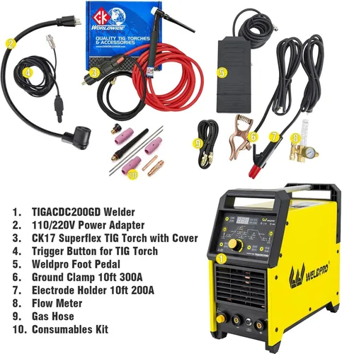 Miniatura 7 de Weldpro TIG Soldador AC/DC 200A con pulso, soldador TIG de aluminio 110 V/220 V con CK17 TIG antorcha AC TIG/DC TIG/AC PULSE TIG/DC PULSE TIG/Stick