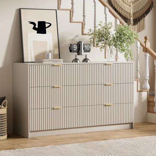 Miniatura 5 de Furniway Cómoda Beige para Dormitorio, Cómoda Moderna con 6 Cajones y Deslizadores Suaves, Cómoda Ancha con Manijas Doradas para Dormitorio, Sala