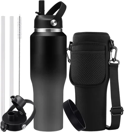 Miniatura 30 de Botella de agua de acero inoxidable de 32 onzas, frío-48 horas y caliente-24 horas, termo con popote y tapas de boquilla, bolsa, botella aislada al