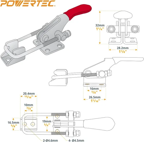 Miniatura 6 de POWERTEC Abrazadera de palanca, capacidad de sujeción de 400 libras, pestillo ajustable de perno en U 323 con agarre antideslizante para plantillas
