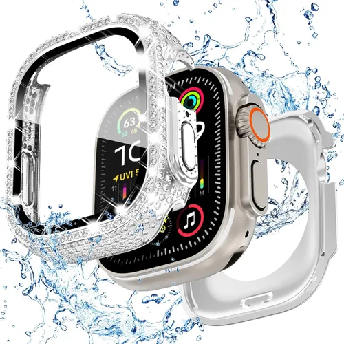 Miniatura 18 de Funda delantera y trasera, 2 en 1, brillante, impermeable, 360°, de policarbonato y protector de pantalla de vidrio para iWatch 8 y 7 de 41 mm, Negro