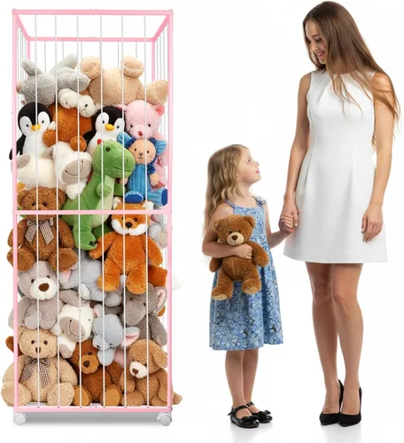 Miniatura 9 de Almacenamiento de animales de peluche, tubo de metal extra grande organizador de almacenamiento de juguetes con ruedas de freno, soporte