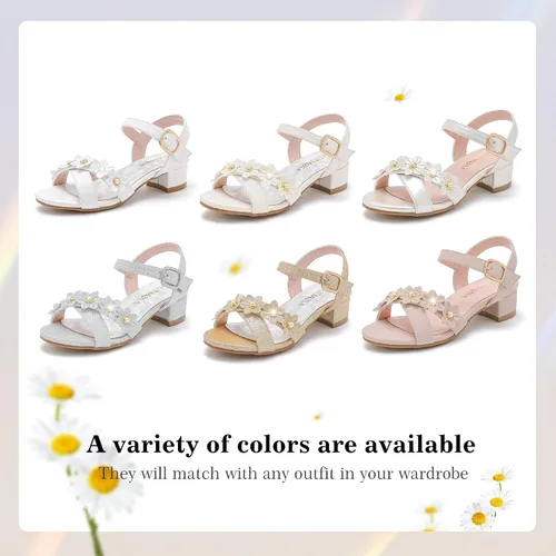 Miniatura 7 de Sandalias para niñas, tacones para niños, puntera abierta, correa al tobillo, zapatos de vestir, flores para boda, fiesta para niños pequeños