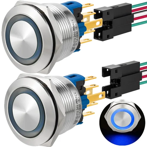 Miniatura 23 de 2 interruptores de botón de cierre de 0.866 in, 7/8 pulgadas, 110 V-120 V, SPDT, interruptor de encendido y apagado, impermeable, IP67, acero Azul