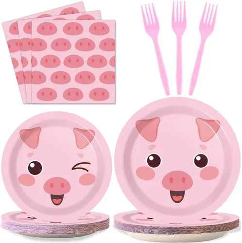 96 platos de cerdo rosa, servilletas, decoración de fiesta de animales de granja, vajilla con suministros de fiesta de lechón para niñas, kit de