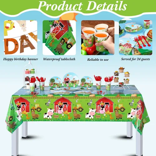 Miniatura 4 de Pajean 171 Piezas Decoraciones de Cumpleaños de Granja Suministros para Fiesta Temática de Animales de Feliz Cumpleaños para 24 Invitados Platos