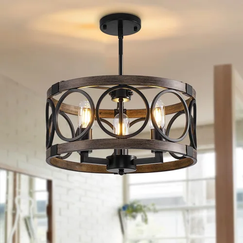 Candelabro de Tambor de 15.7'', Candelabros Redondos para Comedor de 3 Luces de Altura Ajustable, Lámpara Negra de Montaje en Techo con Acabado de