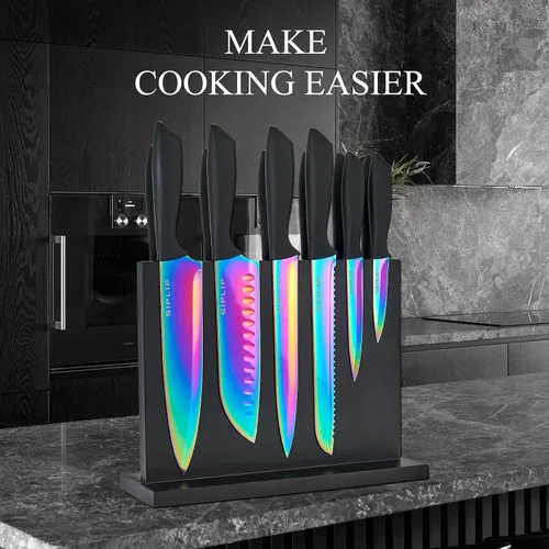 Miniatura 6 de Juego de 15 cuchillos de cocina de acero inoxidable de alto carbono con soporte magnético, incluye chef, pan, cuchillos de carne dentados y afilador