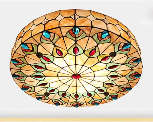 Lámpara de techo Tiffany vintage hecha a mano LED colorida lámpara remota de montaje empotrado, pantalla con cola de pavo real para sala de estar,