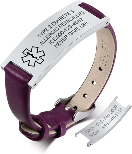 Miniatura 65 de MPRAINBOW Pulsera de alerta médica personalizada para mujer, correa de reloj de cuero genuino, grabado de doble cara, diabetes, epilepsia, joyería