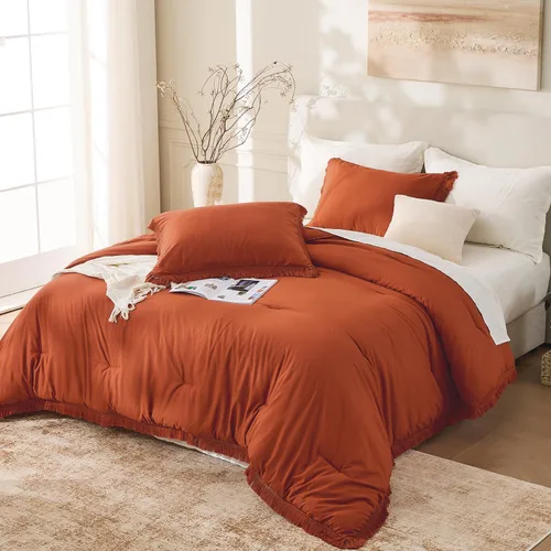 Miniatura 6 de Andency - Juego de edredón tamaño completo de color naranja quemado, 3 piezas, ropa de cama ligera de estilo bohemio terracota para invierno, juego