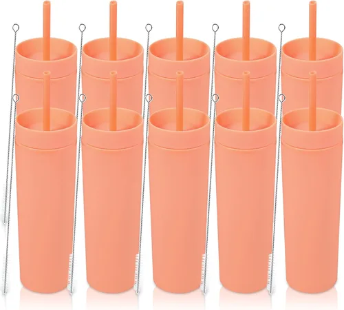 Miniatura 31 de Volhoply Vaso delgado de plástico de 16 onzas con tapa y pajita, paquete de 4 unidades, vasos aislados de doble pared de acrílico mate, sin BPA