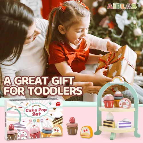 Miniatura 8 de Juego de juguetes de madera para tartas, juego de fiesta de té, juguete de comida de postres con soporte para cupcakes, accesorios de cocina