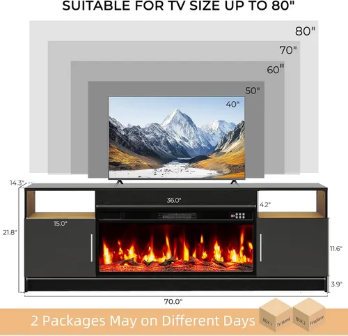 Miniatura 2 de Kucreiheat Soporte de TV negro con chimenea, luces LED, centro de entretenimiento para TV de hasta 80 pulgadas, consola de TV moderna para sala