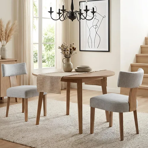 Miniatura 58 de HNY Juego de 6 sillas de comedor de ratán de estilo de mediados de siglo, silla de acento tapizada en lino de estilo granja con respaldo curvo