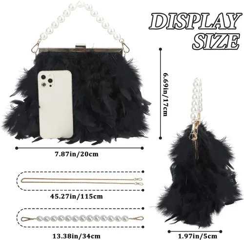 Miniatura 2 de Bolsos de mano de plumas para mujer, bolsos de noche esponjosos de perlas para boda, aniversario, fiesta