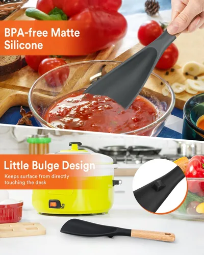 Miniatura 5 de Cuchara de cocina para utensilios de cocina antiadherentes, ideal para cocinar y servir silicona mate resistente sin BPA, cuchara con mango de Negro