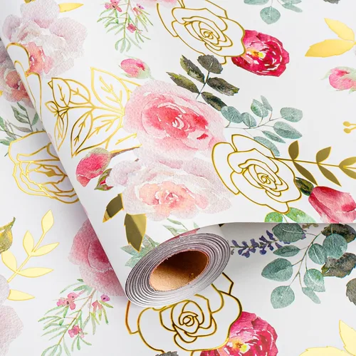 Merture Rollo de Papel de Regalo con Rosas de Acuarela - 17 Pulgadas x 32.8 Pies (46.5 pies cuadrados) Papel de Regalo Floral de Papel Aluminio con