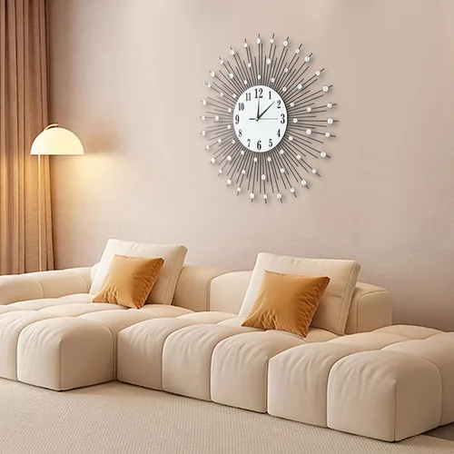 Miniatura 9 de Reloj de pared moderno con forma de flor de cristal 3D, 23.62 pulgadas, espejo plateado de metal vintage, brillante, con tachuelas de diamantes