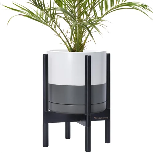 Miniatura 74 de D'vine Dev Maceta de cerámica con soporte de ébano – Maceta redonda moderna de 8 pulgadas con soporte para maceta de madera, color negro, 55-B-M-2