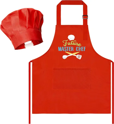Miniatura 36 de R HORSE Juego de delantal y sombrero de chef para niños, 2 piezas, mini parrilla ajustable, delantal de cocina para niños, juego de rol, juguete