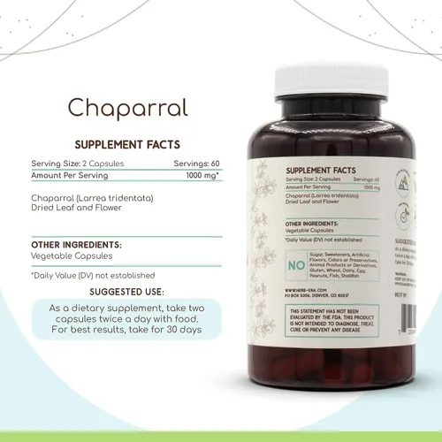 Miniatura 2 de HerbEra Chaparral 60 Cápsulas, 500 mg, Chaparral (Larrea tridentata) Hoja Seca y Flor (60 Cápsulas)