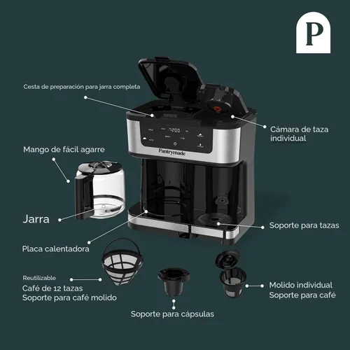 Miniatura 4 de Pantrymade Cafetera de doble preparación, jarra de vidrio de 12 tazas y combo K-Cup de una sola porción Cafetera con pantalla táctil programable