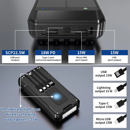 Miniatura 3 de Banco de Energía Cargador Solar 49800mAh, Carga Inalámbrica Portátil para Teléfono con 4 Cables Incorporados Carga Rápida 22.5W, Puerto