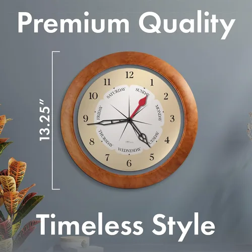 Miniatura 4 de Reloj de pared de hora y día de la semana con marco de acento de arce de 13.5 pulgadas, regalo de jubilación ideal para hombres y mujeres, reloj