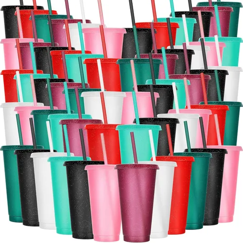 Miniatura 28 de Honeydak Paquete de 60 vasos con popote y tapa, vasos a granel para regalos, tazas de café de plástico con purpurina de 24 a 27 onzas, botella