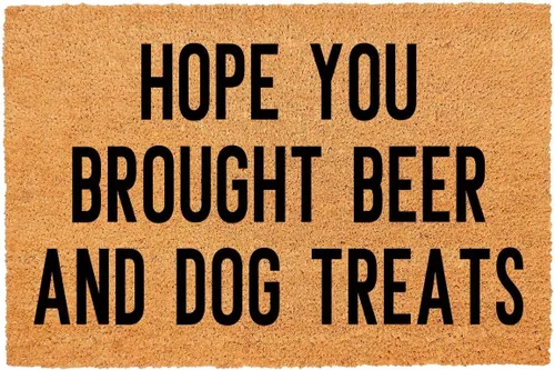 Tapete divertido de fibra de coco con texto en inglés «Hope You Brought Beer and Dog Treats In» Tapete para puerta al aire libre con porche frontal