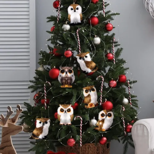 Miniatura 4 de Sratte Adorno navideño de búho peludo, lindo adorno de animal colgante para árbol de Navidad, fiesta de carnaval (marrón, 12 piezas)