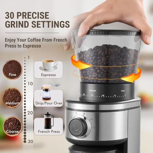 Miniatura 3 de AYCHIRO Molinillo de Café Eléctrico, Molinillo de Muelas Cónicas con 30 Ajustes de Molienda para 2-12 Tazas, Molinillo de Muelas Ajustable para Uso