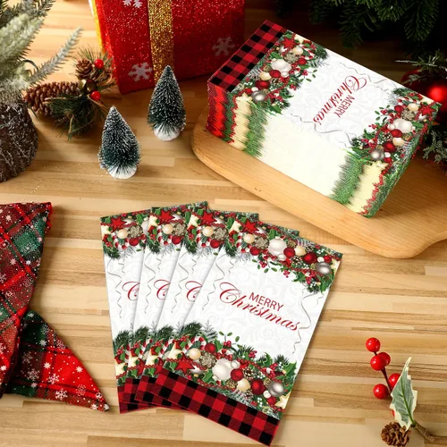 Miniatura 6 de Cholemy 200 servilletas de papel desechables de papel de 2 capas, diseño de bola de árbol de Navidad, diseño de Papá Noel negro, para cocina y baño
