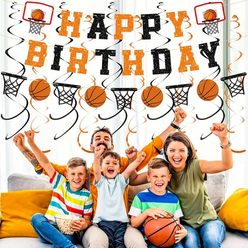 Miniatura 2 de Decoraciones de fiesta de cumpleaños de baloncesto preencordadas, sin pancarta de feliz cumpleaños con purpurina, guirnalda de papel, remolinos
