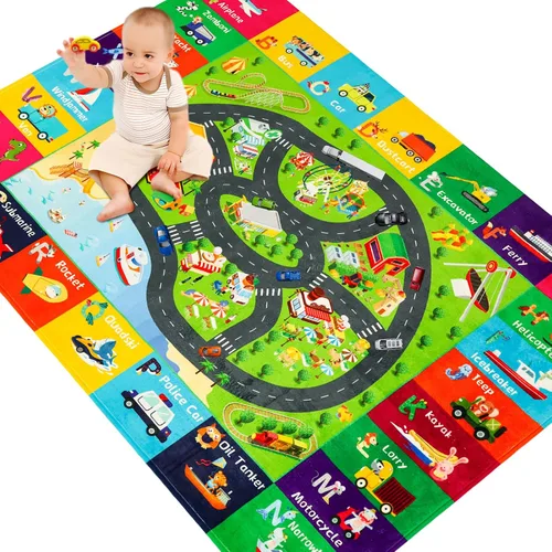 Miniatura 2 de Alfombra de juego para niños, alfombra de tráfico para carretera, 118 x 78.7 pulgadas, para sala de juegos, transporte ABC, alfombra educativa