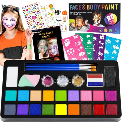 Drawdart Kit de pintura facial para niños, 20 colores, pintura no tóxica a base de agua con plantillas y pinceles, kit de maquillaje corporal Kit de