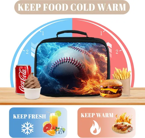 Miniatura 5 de Lonchera para niños, con aislamiento de béisbol, para niños, adolescentes, niños y niñas, con bolsillo con cremallera, bolsa de almuerzo portátil
