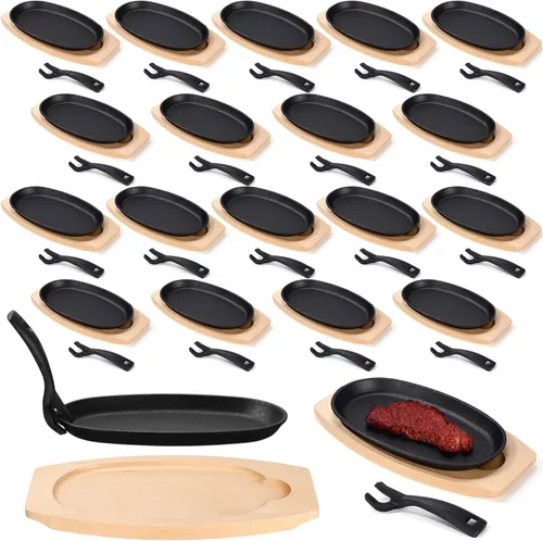 Miniatura 9 de Mifoci Juego de 12 sartenes ovaladas de hierro fundido para fajita, plato pequeño para carne chisporroteante con base de madera y mango, sartén