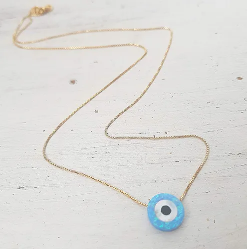 Miniatura 8 de Blue Opal Evil Eye Necklace,10mm created Opal,14k gold filled chain length 16 inch+ extension