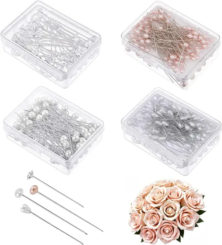 400 alfileres de ramo de flores, 4 estilos de alfileres Boutonniere, alfileres de ramillete de cabeza de cristal para costura, joyería, decoración