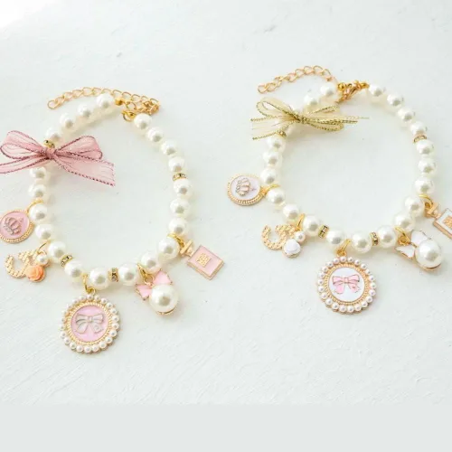 Collares de perlas para perros, collar de lazo de princesa, collar para mascotas, collar lindo para cachorros, accesorios de joyería de gato, correa