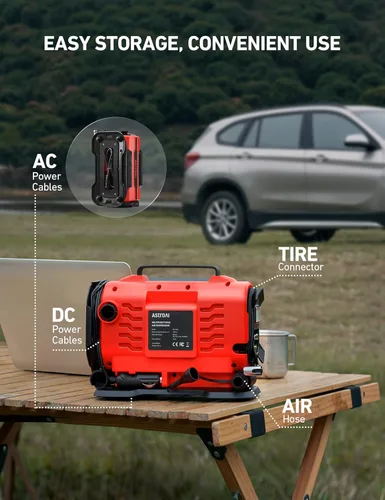 Miniatura 7 de AstroAI Inflador de neumáticos, bomba de compresor de aire portátil de 150 PSI, 12 V CC/110 V CA con motores de metal duales y luz LED, accesorios
