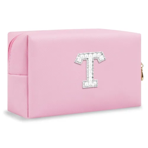 Miniatura 238 de Pequeña bolsa de maquillaje personalizada con inicial A-Z Preppy Patch, bolsa de cosméticos de viaje de felpilla blanca con cremallera, bonita bolsa