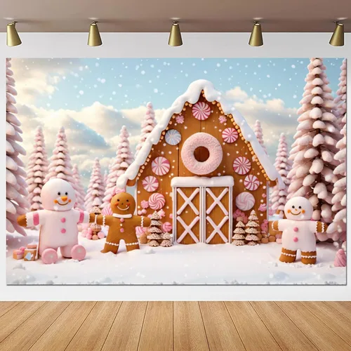 Miniatura 4 de Yeele Fondo de fotografía de pueblo de Navidad de 5 x 3 pies, dibujos animados, hombre de jengibre, hogar de galletas, fondo de invierno, nieve