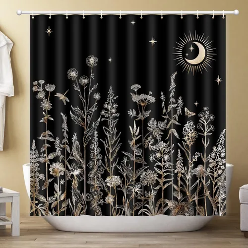 Cortina de ducha con diseño floral negro, cortina de ducha vintage de flores botánicas para baño con ganchos, cortina de ducha impermeable de