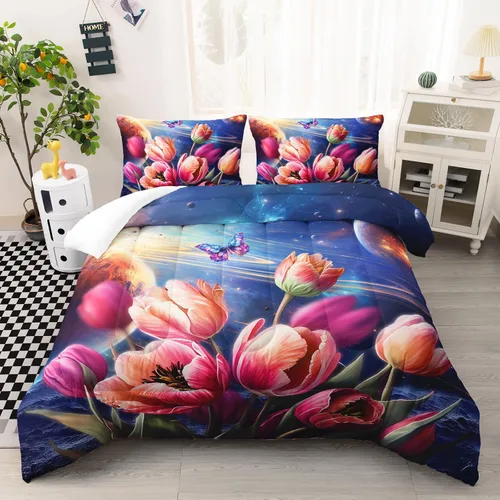 Miniatura 18 de AILONEN Juego de edredón de mariposa azul tamaño Queen, juego de ropa de cama de 3 piezas de animales elegantes, azul marino oscuro cielo nocturno