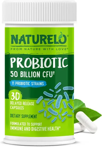 NATURELO Probióticos para la salud digestiva - 50 mil millones de UFC, suplemento diario de 11 cepas - Estimula el sistema inmunológico, liberación