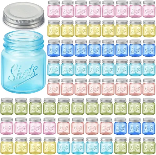 Tessco 72 piezas Mini tarros de albañil Vasos de chupito con tapas de 2 oz Apto para lavavajillas Tarros de conservación de mason para despedida de